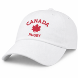The EMB S&S Activewear Nations of Rugby Canada Rugby Dad Cap features "CANADA RUGBY" and a red maple leaf embroidered on the front—a classic hat for rugby fans inspired by Canadian team style.