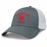 The EMB S&S Activewear Nations of Rugby Canada Rugby Retro Trucker Cap features gray and white panels, "Canada Rugby" embroidery with a red maple leaf, and an adjustable snapback closure for the perfect fit.