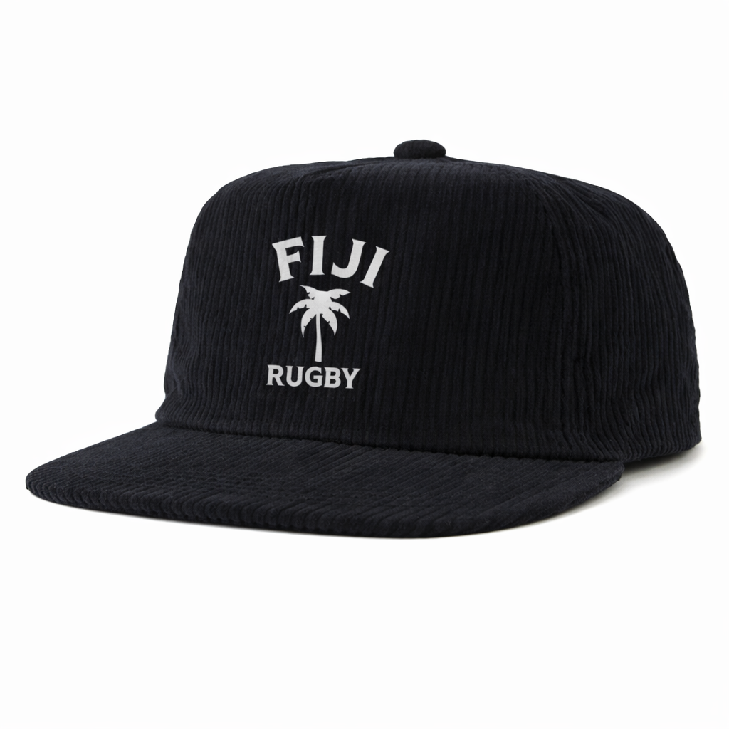 The EMB Weld Nations of Rugby Fiji Corduroy Field Trip Cap is a black cap with bold white "FIJI RUGBY" text and a palm tree graphic—perfect for any Fiji Rugby supporter.