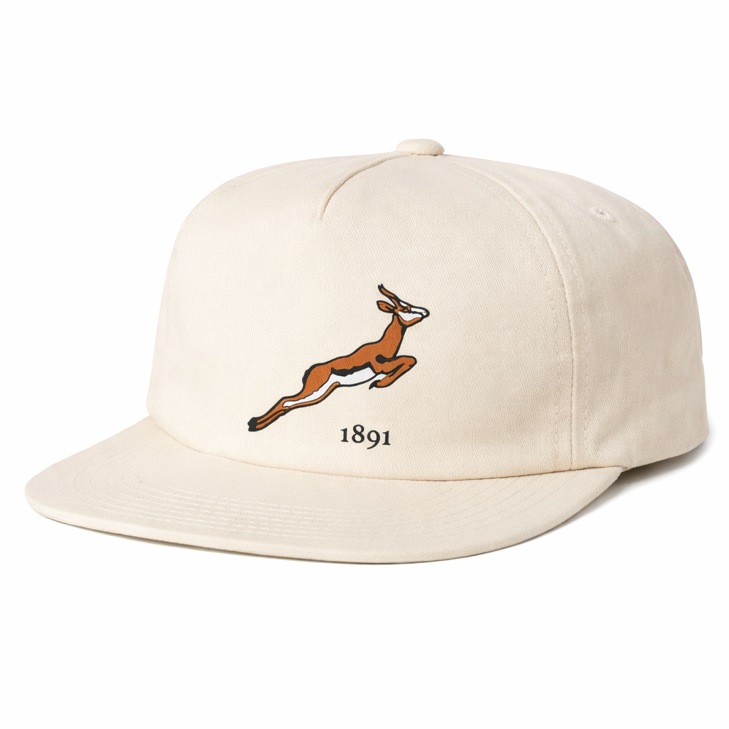 The EMB Weld Nations of Rugby South Africa Vintage Brushed Cotton Cap features an embroidered leaping antelope above "1891," paying tribute to South Africa's rugby cap heritage.