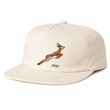 The EMB Weld Nations of Rugby South Africa Vintage Brushed Cotton Cap features an embroidered leaping antelope above "1891," paying tribute to South Africa's rugby cap heritage.