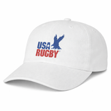 The USA Rugby Throwback Dad Cap by EMB S&S Activewear features a white design with blue eagle embroidery and bold blue and red "USA RUGBY" text—an ideal dad hat for devoted rugby fans.