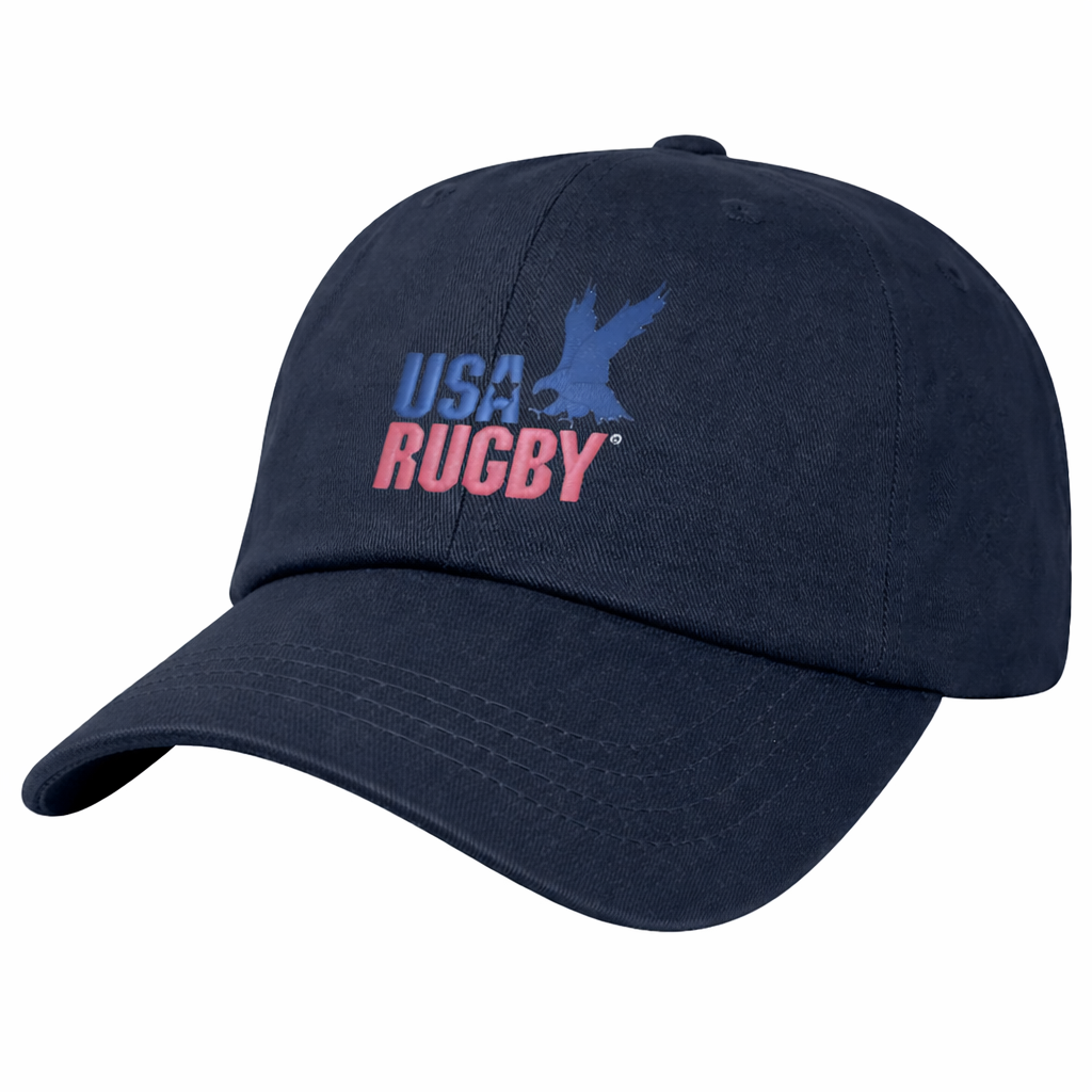 The USA Rugby Throwback Dad Cap by EMB S&S Activewear features "USA RUGBY" and an eagle logo embroidered in blue and red—an ideal rugby dad hat for fans.