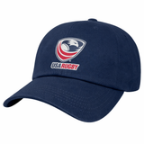 The EMB S&S Activewear USA Rugby Dad Cap is a navy blue hat with an embroidered USA Rugby Crest featuring an eagle head and red, white, and blue details on the front.