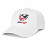 The EMB S&S Activewear USA Rugby Dad Cap is a white hat featuring the embroidered USA Rugby Crest and text on the front—ideal for any Eagles fan.