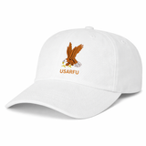 The EMB S&S Activewear USA Rugby Heritage 50th Anniversary Dad Cap is a white cap with an embroidered eagle above "USARFU"—a commemorative accessory ideal for rugby fans and collectors.