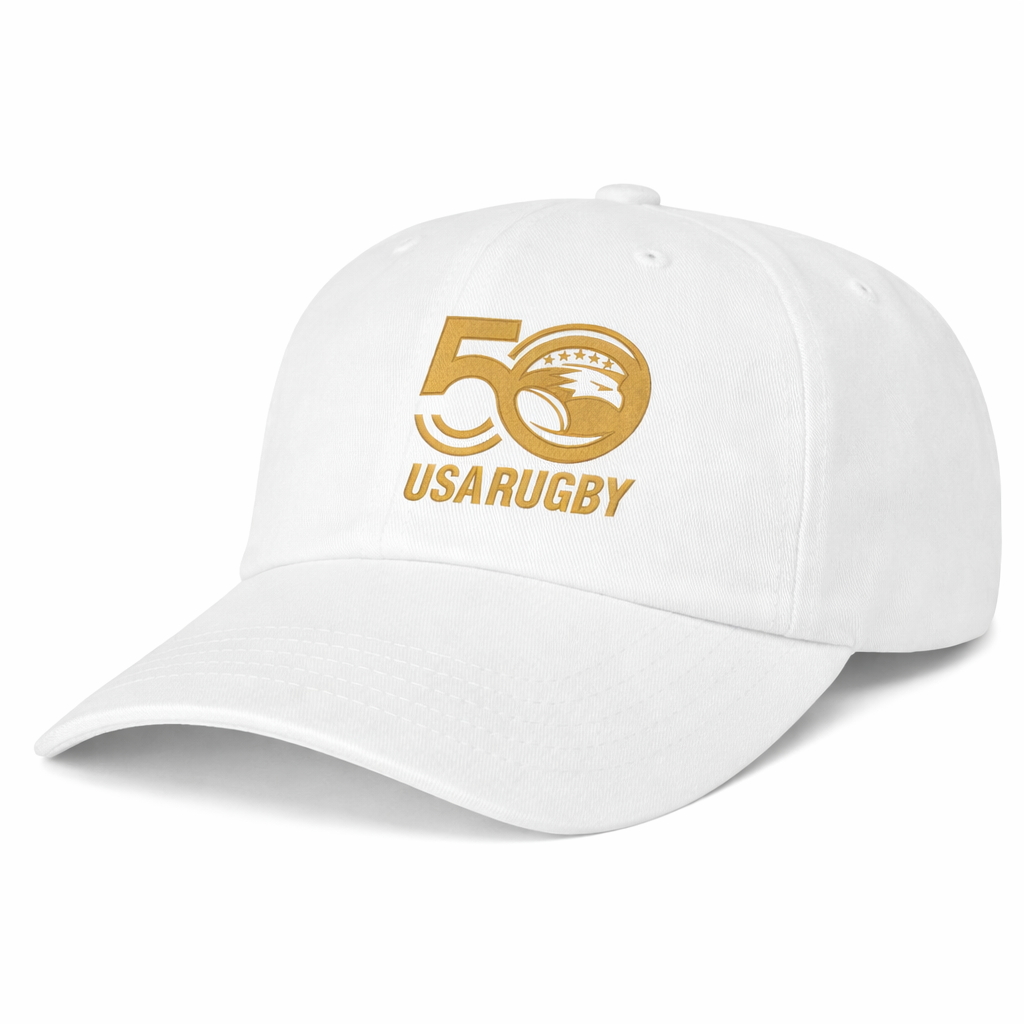 The EMB S&S Activewear USA Rugby 50th Anniversary Cotton Twill Dad Cap features a white design with a gold "50 USA Rugby" logo and eagle emblem on the front to celebrate 50 years of USA Rugby.