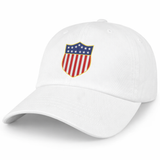 The USA Rugby Original Olympic Dad Cap by EMB S&S Activewear features a shield with blue and white stars above red and white stripes—perfect for fans seeking a limited edition rugby cap.