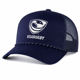 The EMB Augusta USA Rugby Navy/White Crest Braid Cap is a mesh trucker snapback featuring the USA Rugby logo and text on the front, with white stitching along the brim—a timeless cap for any fan.