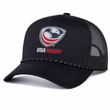 The EMB Augusta USA Rugby Trucker Snapback Braid Cap features a mesh back, curved brim, and an embroidered USA Rugby crest and text on the front.