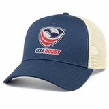 The USA Rugby Eco Trucker Cap by EMB S&S Activewear features navy blue and beige colors, mesh panels, the official logo on the front, and eco-friendly materials for classic team style.