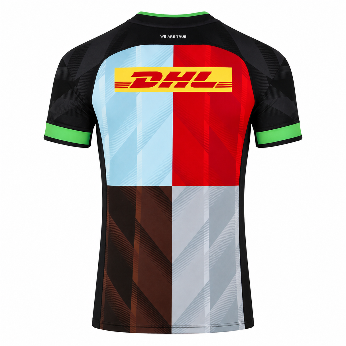 Back view of the Harlequins Pro Home Jersey 23/24 by Castore, showing a blue, red, brown, and gray patchwork design with green sleeve cuffs and a yellow DHL logo centered on the upper back.