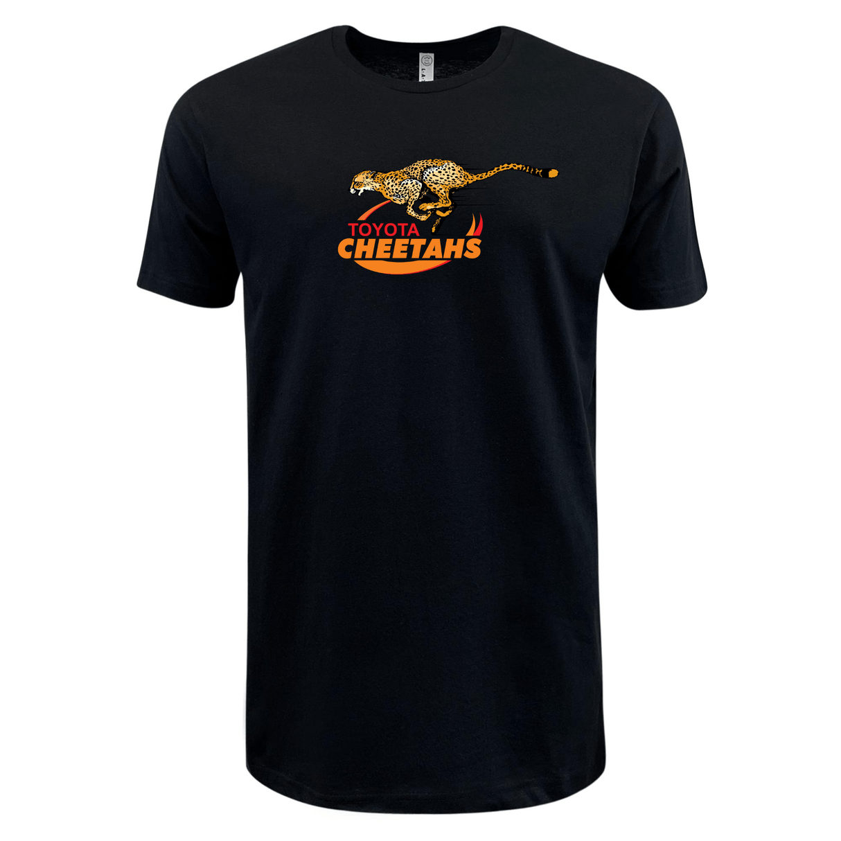 The Cheetahs Supersoft T-shirt by WRS LAT showcases a vibrant graphic of a cheetah accompanied by the bold "Toyota Cheetahs" text in orange and red. Ideal for South Africa rugby enthusiasts eager to display their style and support.