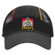 The Gallagher Chiefs Super Rugby Training Cap 25/26 by Classic Sportswear is a black cap with a mesh back, featuring an embroidered muscular figure and "Gallagher Chiefs" on the front.