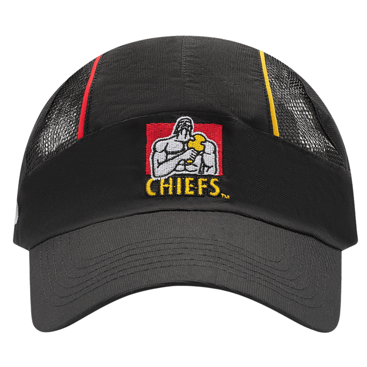 The Gallagher Chiefs Super Rugby Training Cap 25/26 by Classic Sportswear is a black cap with a mesh back, featuring an embroidered muscular figure and "Gallagher Chiefs" on the front.