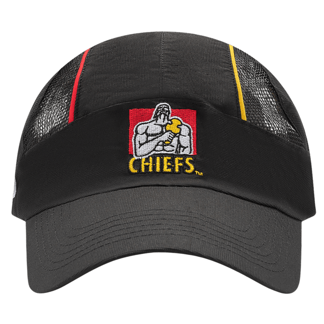 The Gallagher Chiefs Super Rugby Training Cap 25/26 by Classic Sportswear is a black cap with a mesh back, featuring an embroidered muscular figure and "Gallagher Chiefs" on the front.