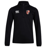 A black Rye High School Rugby Club 1/4 Zip Mid Layer Training Top with EMB Canterbury and rugby team logos on the chest, designed as a rugby training top.