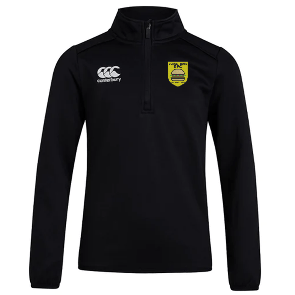 Black Burger Boys RFC Club 1/4 Zip Mid Layer Training Top by EMB Canterbury with logo on the right chest and a yellow and green emblem on the left.