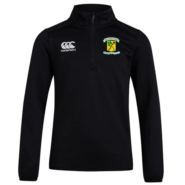 Black Blackthorn RFC Club 1/4 zip mid-layer pullover featuring the EMB Canterbury logo on the right chest and a sports team emblem on the left chest.