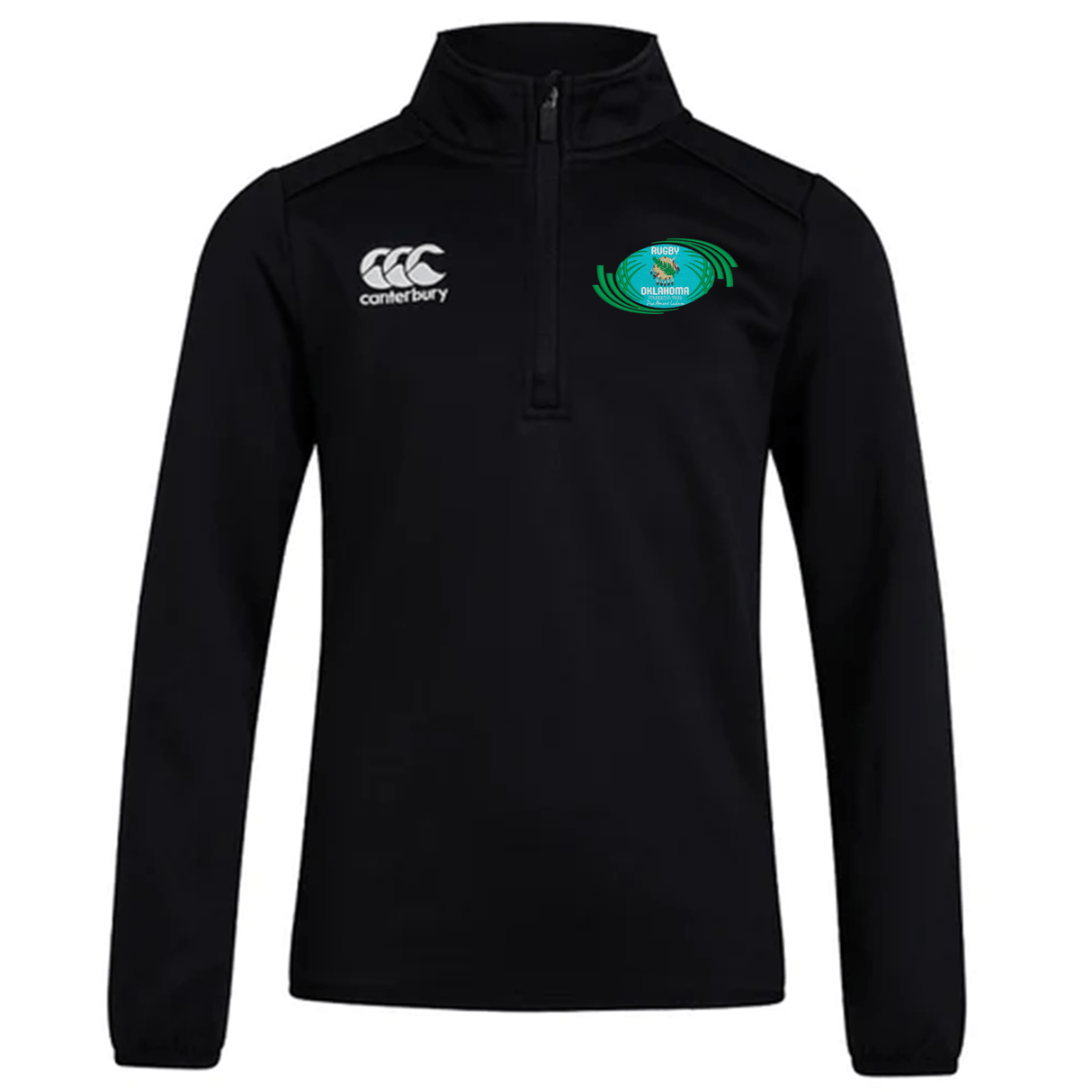 Black Rugby Oklahoma Club Track Jacket by EMB Canterbury with a quarter-zip, featuring the Canterbury logo on the right chest and a green team emblem on the left.