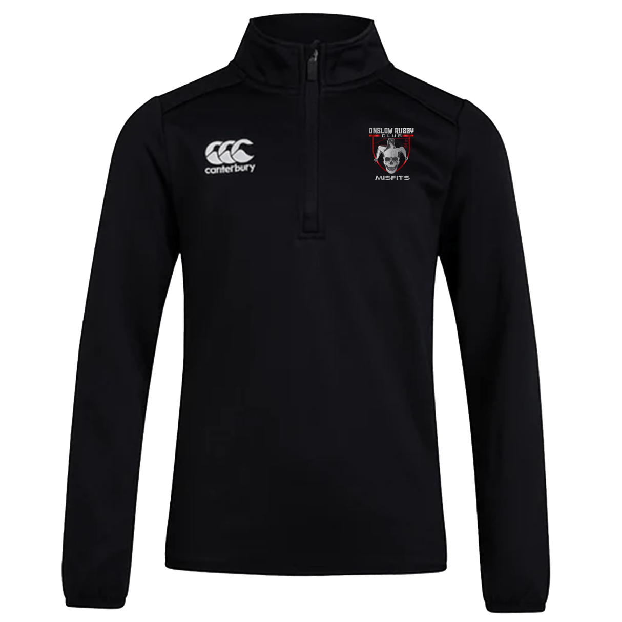 Black Onslow Rugby Misfits Club 1/4 Zip Mid Layer Training Top by Canterbury with logo on left chest and 'England Rugby' emblem on right.