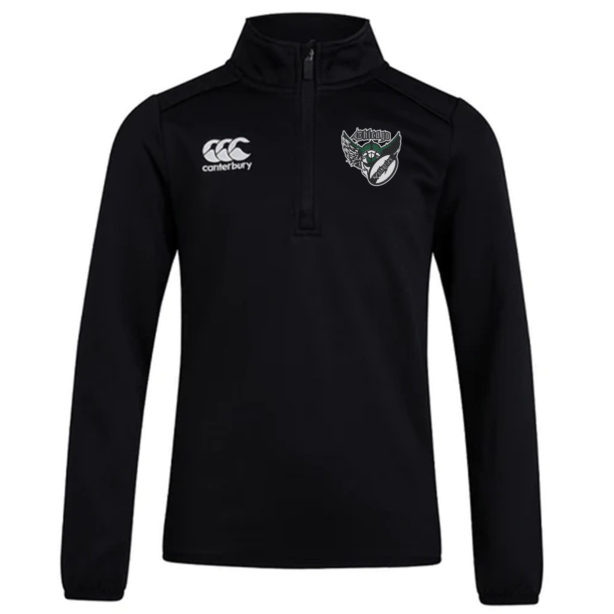 Black Chicago Valkyries Club 1/4 Zip Mid Layer Training Top with a logo featuring a wolf on the right chest by EMB Canterbury.