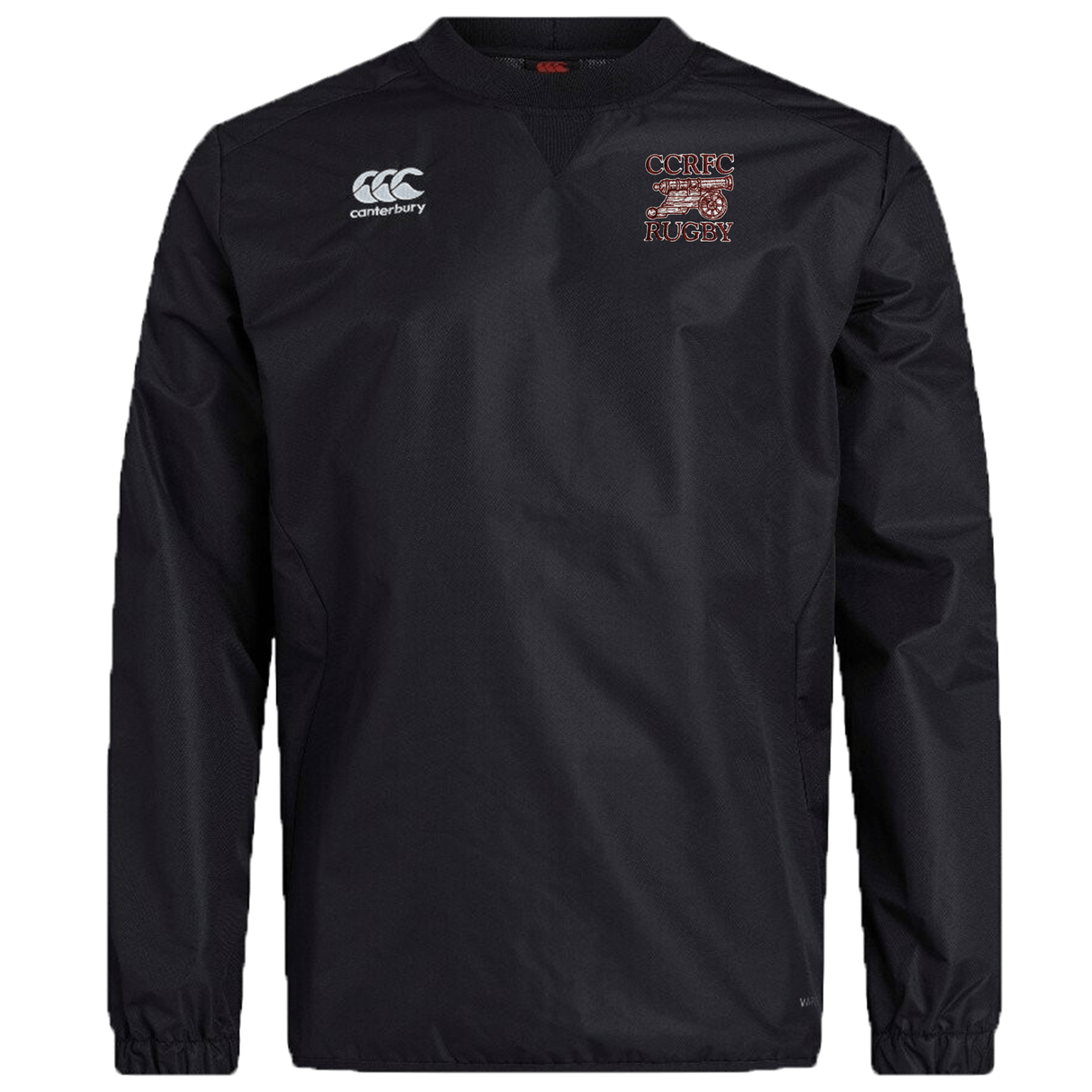Black long sleeve Concord Carlisle Rugby Club Vaposhield Contact Top with EMB Canterbury logo on the right chest and 'ccirc rugby' text on the left chest, crafted from water repellent fabric.
