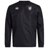 Black long-sleeve rugby jersey with a small white logo on the right chest and a Vaposhield shield emblem on the left chest, Troy University Rugby Club Vaposhield Contact Top by EMB Canterbury.