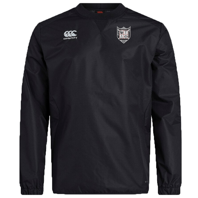 Black long-sleeve rugby jersey with a small white logo on the right chest and a Vaposhield shield emblem on the left chest, Troy University Rugby Club Vaposhield Contact Top by EMB Canterbury.