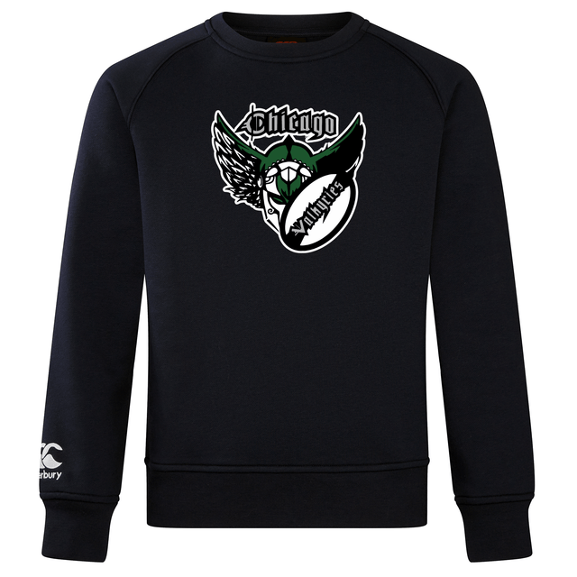 A black WRS Canterbury Chicago Valkyries Club Crew Sweatshirt with a winged skull graphic design in green and white on the front.