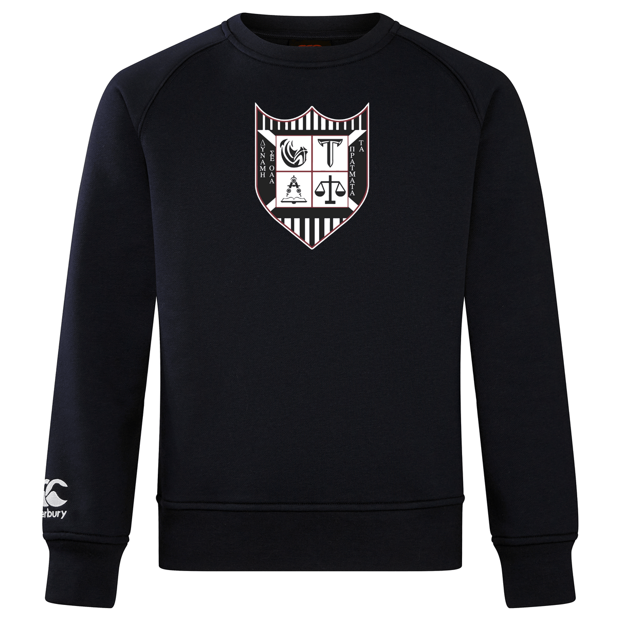 Black Troy University Rugby Club Crew Sweatshirt by WRS Canterbury with a shield-shaped crest featuring heraldic symbols on the chest and a small logo on the left sleeve.