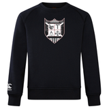 Black Troy University Rugby Club Crew Sweatshirt by WRS Canterbury with a shield-shaped crest featuring heraldic symbols on the chest and a small logo on the left sleeve.