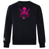 Black crew sweatshirt with a pink "mariners" logo and a skull and crossed swords design displayed on the front: WRS Canterbury SUNY Maritime Club Crew Sweatshirt.