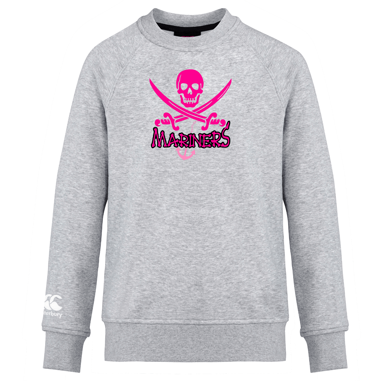Gray SUNY Maritime Club crew sweatshirt with a pink and white skull and crossbones graphic, labeled "WRS Canterbury," displayed on a white background.