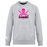 Gray SUNY Maritime Club crew sweatshirt with a pink and white skull and crossbones graphic, labeled "WRS Canterbury," displayed on a white background.