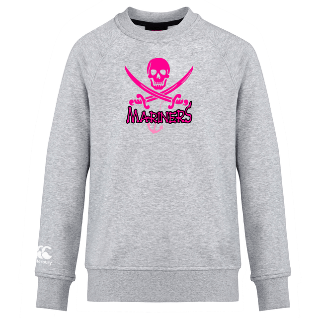 Gray SUNY Maritime Club crew sweatshirt with a pink and white skull and crossbones graphic, labeled "WRS Canterbury," displayed on a white background.