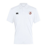 The West Potomac RFC Club Dry Polo by EMB Canterbury is a white short-sleeve polo with a collar, black Canterbury logo, and maroon and white chest emblem. Made with Vapodri Technology for breathable comfort.