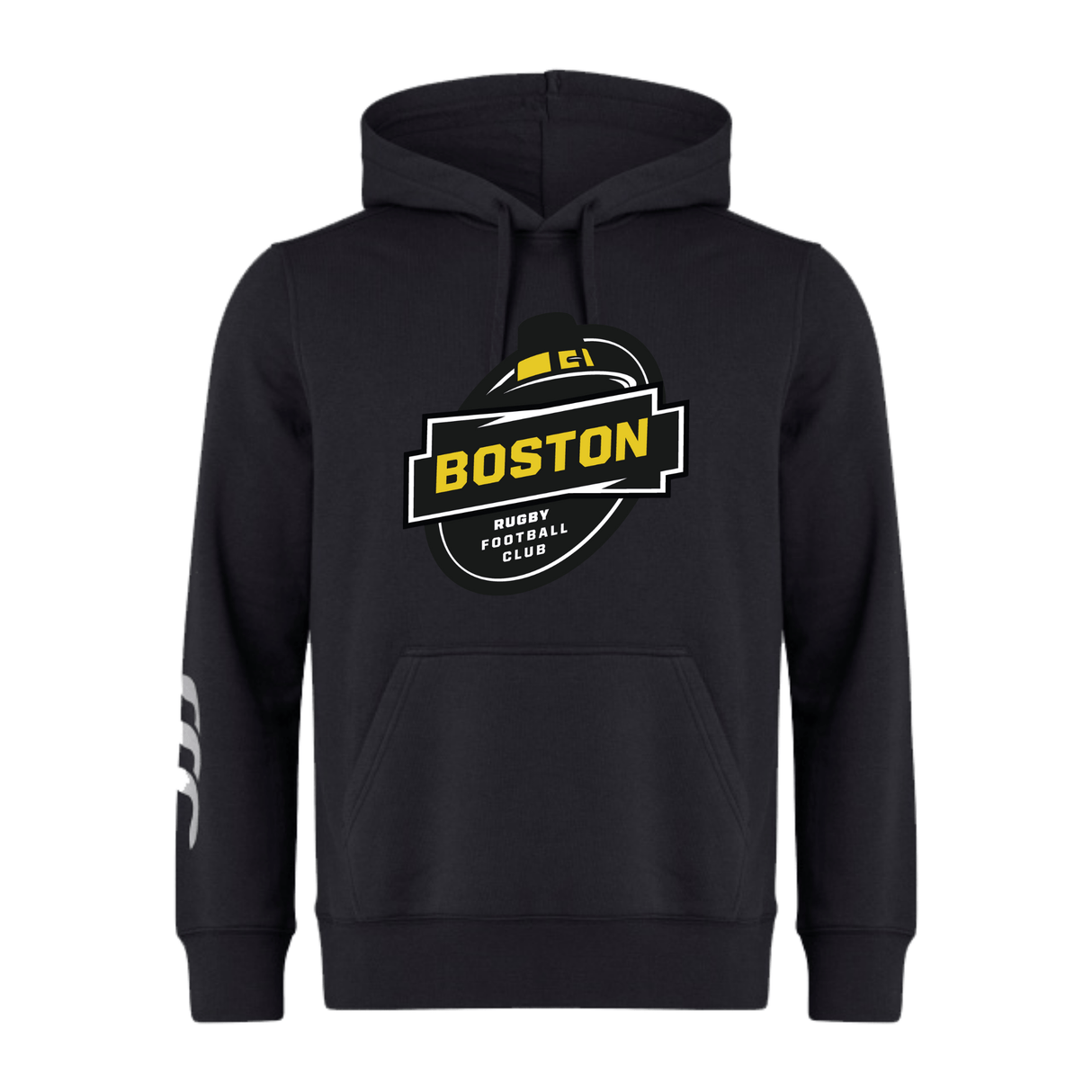 Black Boston RFC Club Hoodie by WRS Canterbury, with a logo on the front and a stripe design on the left sleeve, customization optional.