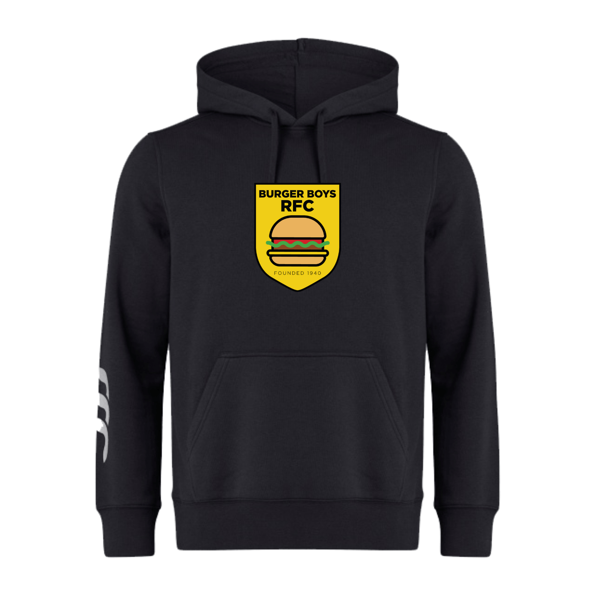 Black hoodie with a "Burger Boys RFC Club" logo by Canterbury featuring a burger, founded in 1945, and stripes on the left sleeve.