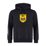 Black hoodie with a "Burger Boys RFC Club" logo by Canterbury featuring a burger, founded in 1945, and stripes on the left sleeve.