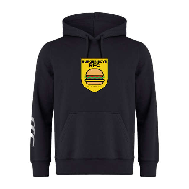 Black hoodie with a "Burger Boys RFC Club" logo by Canterbury featuring a burger, founded in 1945, and stripes on the left sleeve.