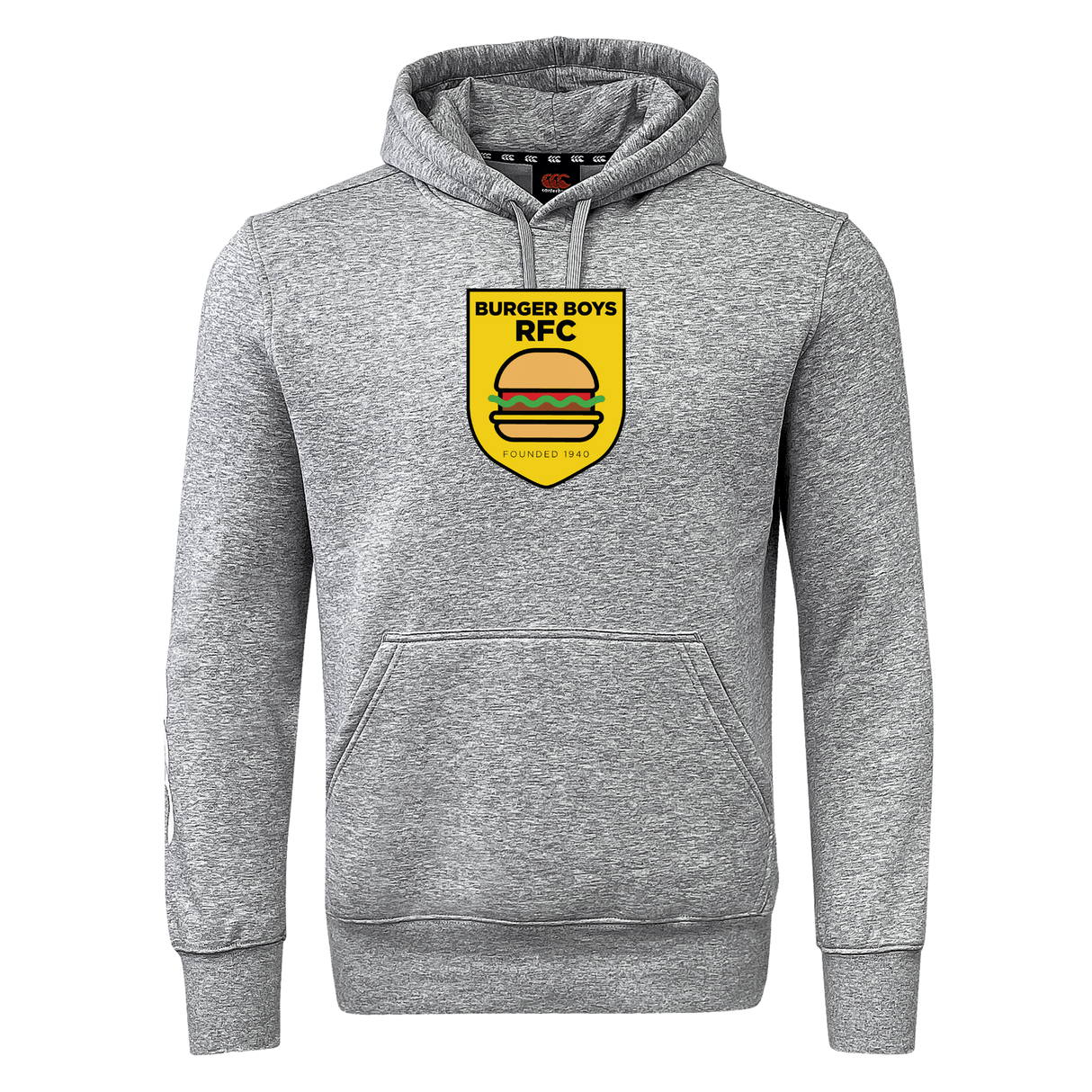 Gray hooded sweatshirt featuring the "burger boys rfc" logo with a yellow, black, and red crest on the chest, from WRS Canterbury.