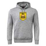 Gray hooded sweatshirt featuring the "burger boys rfc" logo with a yellow, black, and red crest on the chest, from WRS Canterbury.