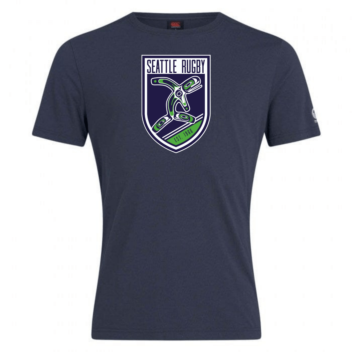 Navy blue WRS Canterbury Seattle Rugby Club Club Plain Tee crafted from a cotton blend, featuring the Seattle rugby logo with a green and white emblem that includes a rugby ball and anchor design.