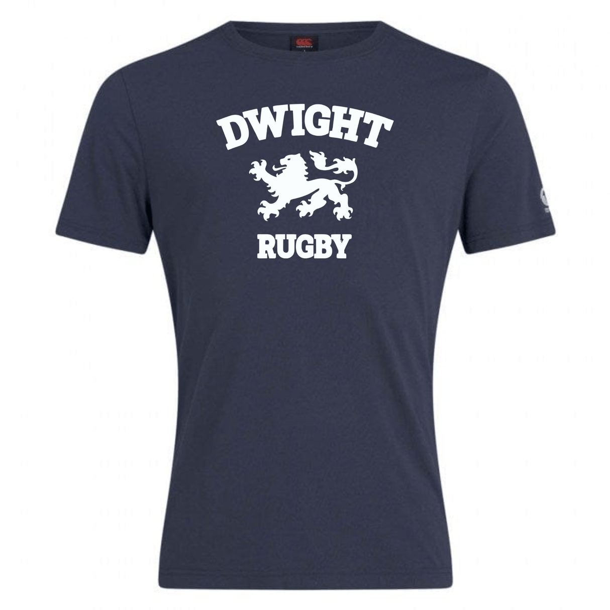 Dwight Rugby White Logo Club Plain Tee by Canterbury made from a premium cotton blend, featuring a white, stylized lion graphic and the text "DWIGHT RUGBY" printed on the front.