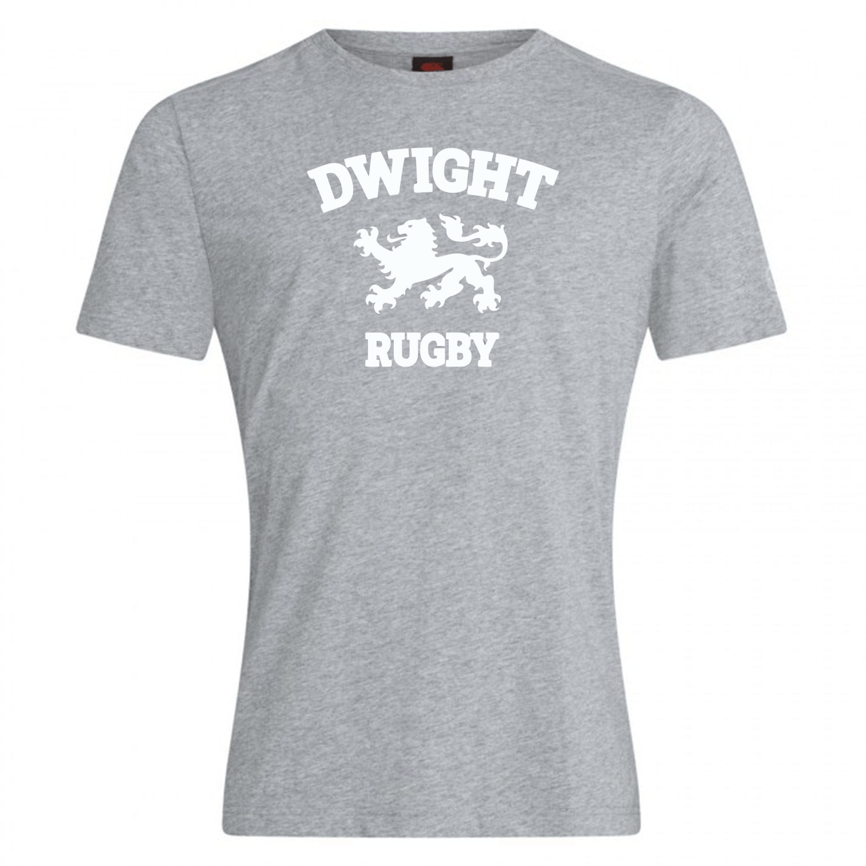 Grey t-shirt made from a premium cotton blend featuring "Dwight Rugby" and a lion graphic printed in white on the front, Dwight Rugby White Logo Club Plain Tee by Canterbury, WRS Canterbury.