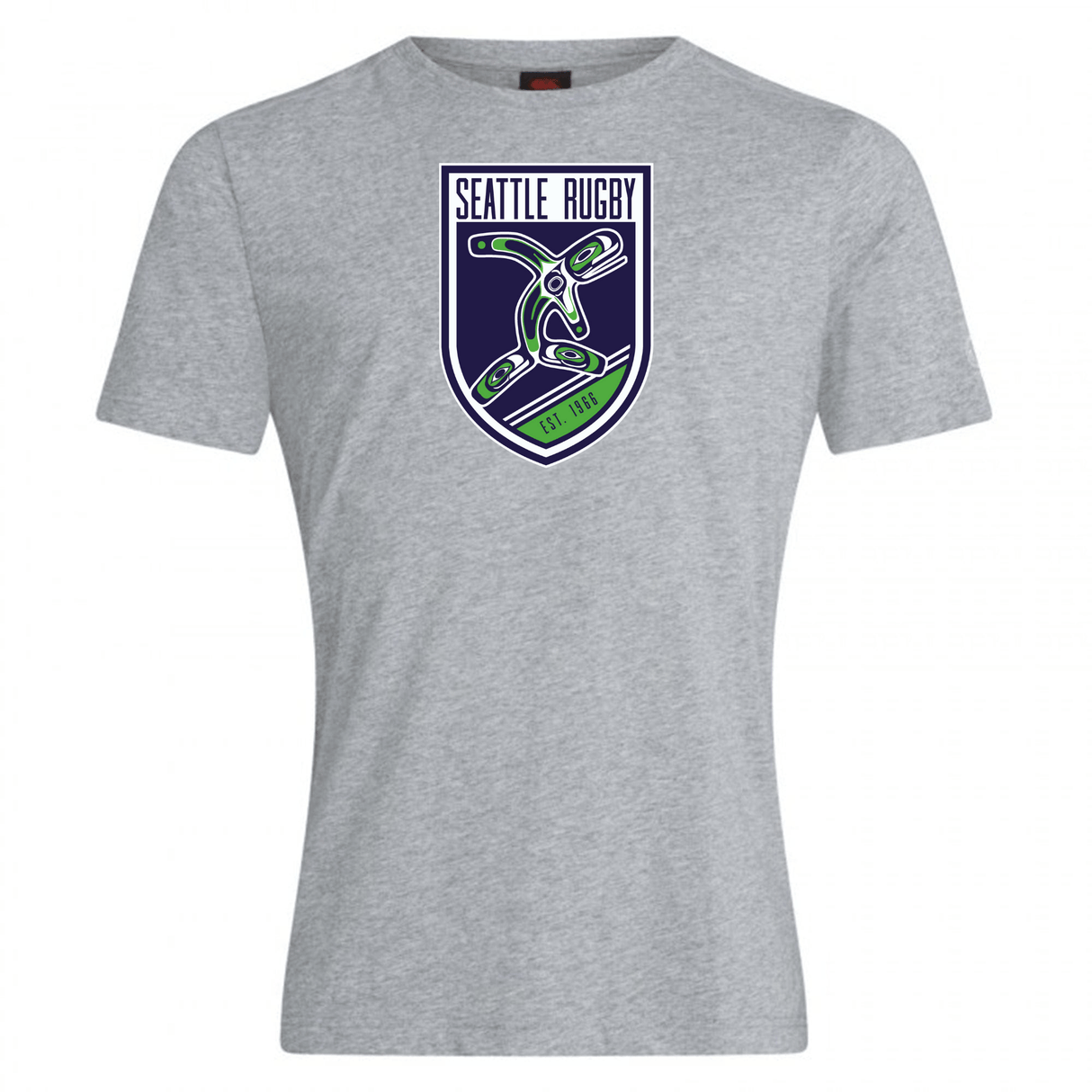 Gray cotton blend Seattle Rugby Club Club Plain Tee with "Seattle Rugby" logo featuring a stylized green and purple orca in a shield design and WRS Canterbury branding.
