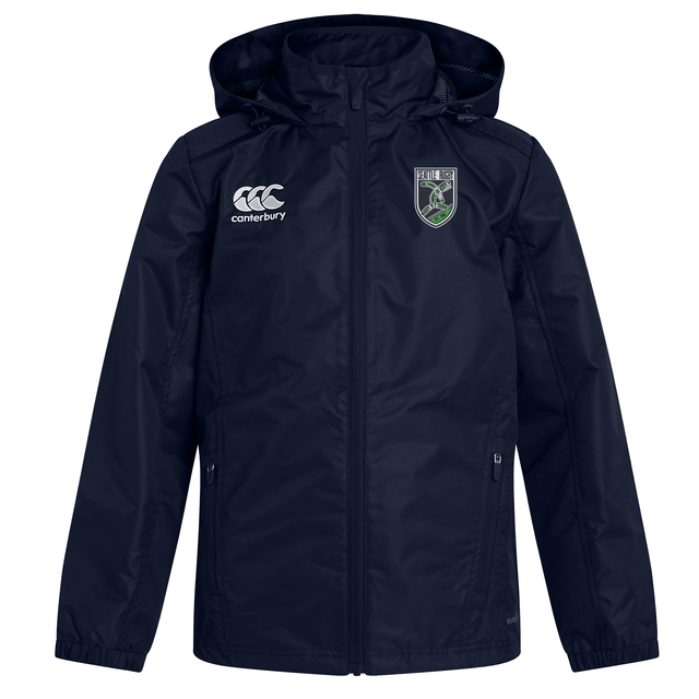 Navy blue waterproof jacket with a hood, featuring the Seattle Rugby Club logo on the right chest and a shield emblem on the left, crafted with VapoShield water-resistant technology by EMB Canterbury.