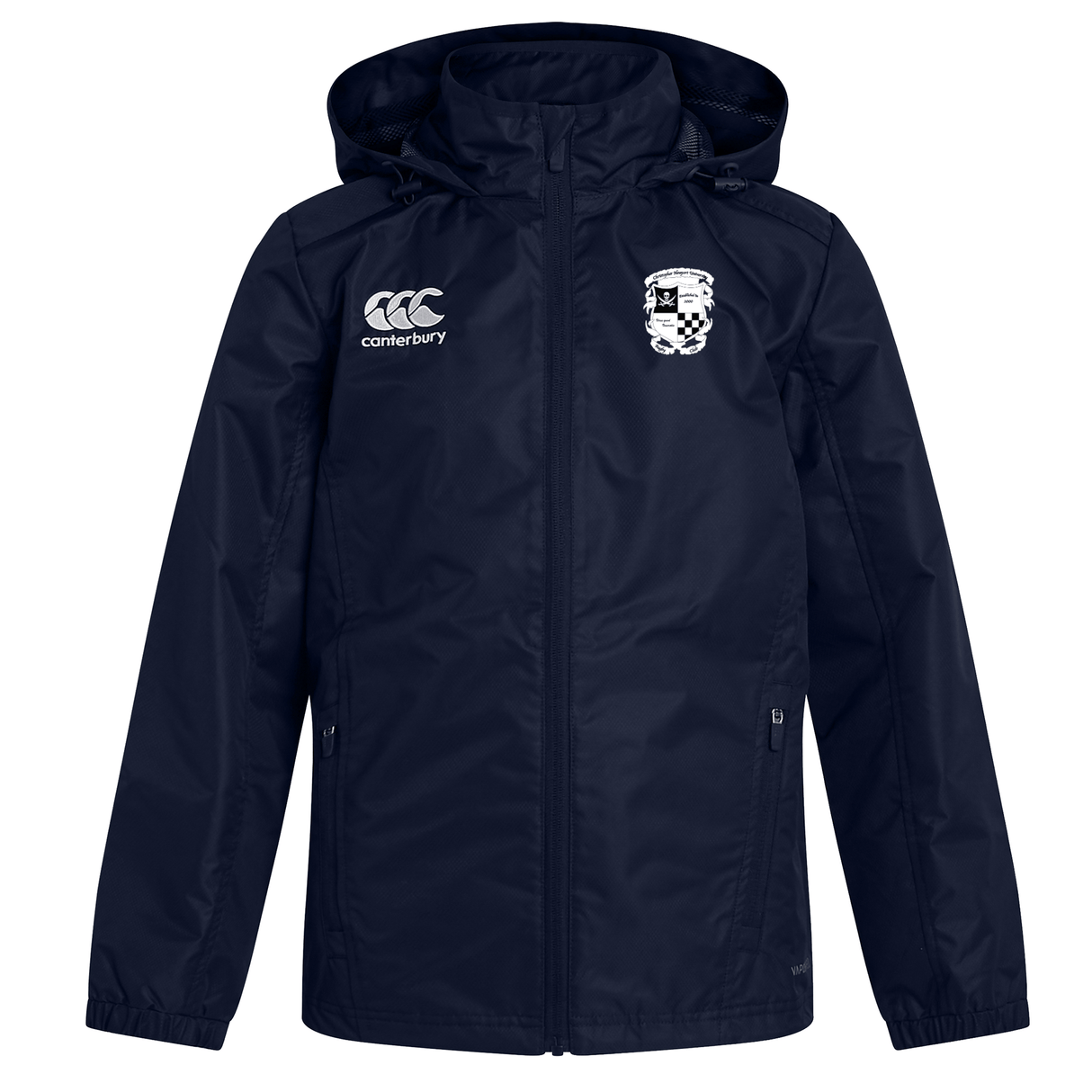 EMB Canterbury navy blue Rugby Football Club at Christopher Newport University Club Vaposhield Full Zip Rain Jacket with a hood, featuring a logo on the right chest and a crest on the left chest, enhanced with VapoShield water-resistant technology, displayed against a white background