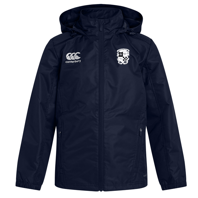 EMB Canterbury navy blue Rugby Football Club at Christopher Newport University Club Vaposhield Full Zip Rain Jacket with a hood, featuring a logo on the right chest and a crest on the left chest, enhanced with VapoShield water-resistant technology, displayed against a white background